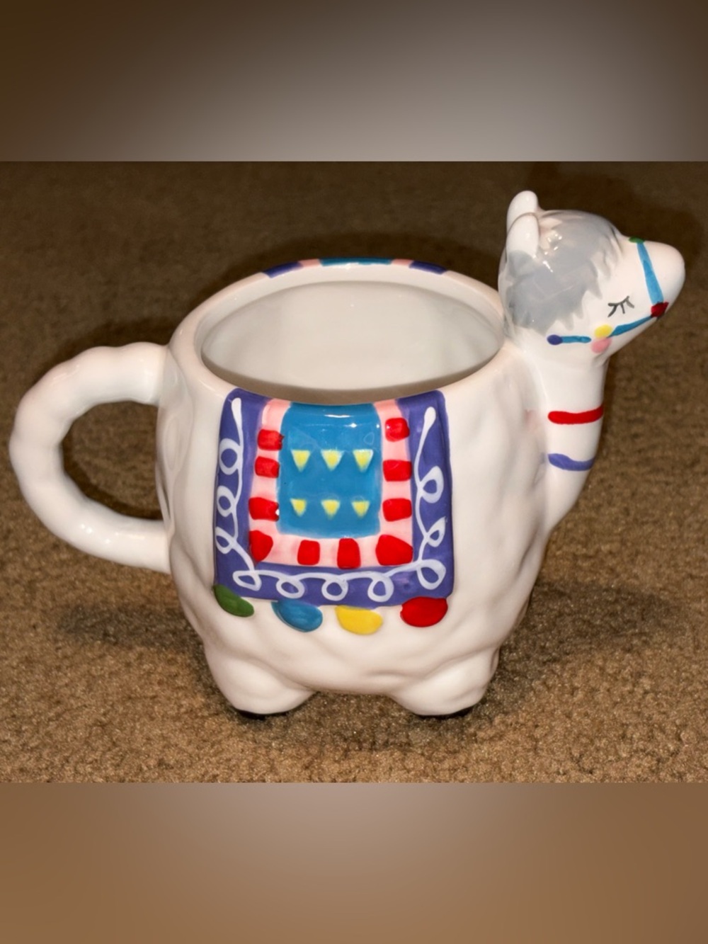 Whimsical Llama Coffee Mug with Colorful Saddle 6.75”x4”x5”